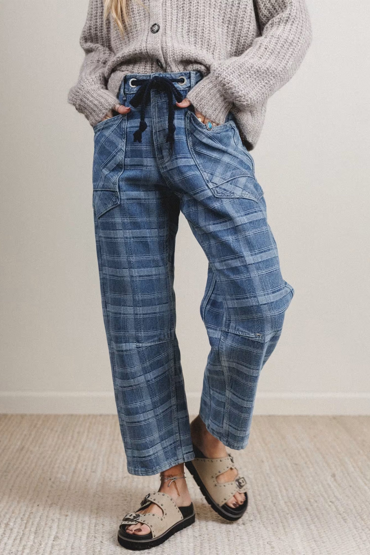 Sky Blue Plaid Denim Grommet Drawstring Waist Ankle-Length Jeans – Light Blue