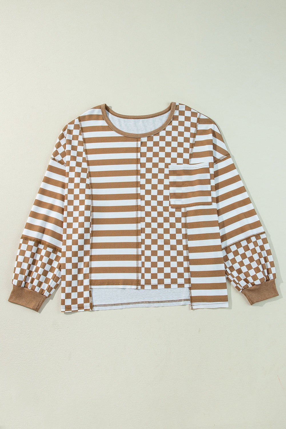 Khaki Striped Checkered Mixed Print Chest Pocket Casual Plus Size Top BB Fashion Outlet