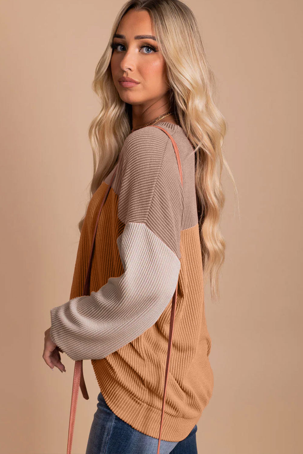 Khaki Colour Block Long Sleeve Ribbed Loose Top eAura
