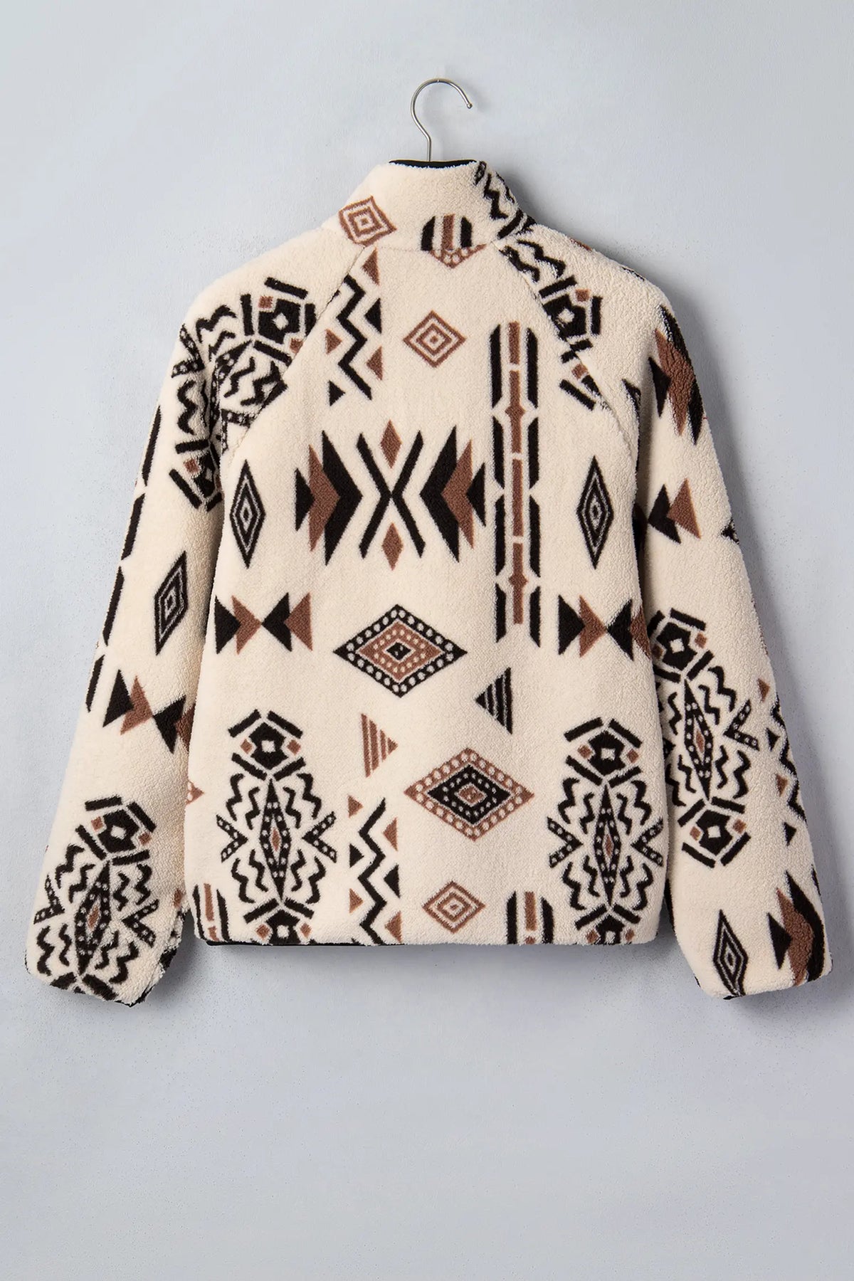 Geometric Print Long Sleeve Shirt Collar Zip-up Placket Binding Tape Jacket – Beige