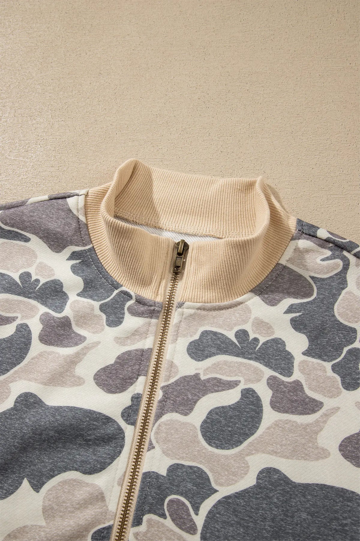 Camouflage Print Colour Block Trim Zip Bomber Sweatshirt – Multicolour
