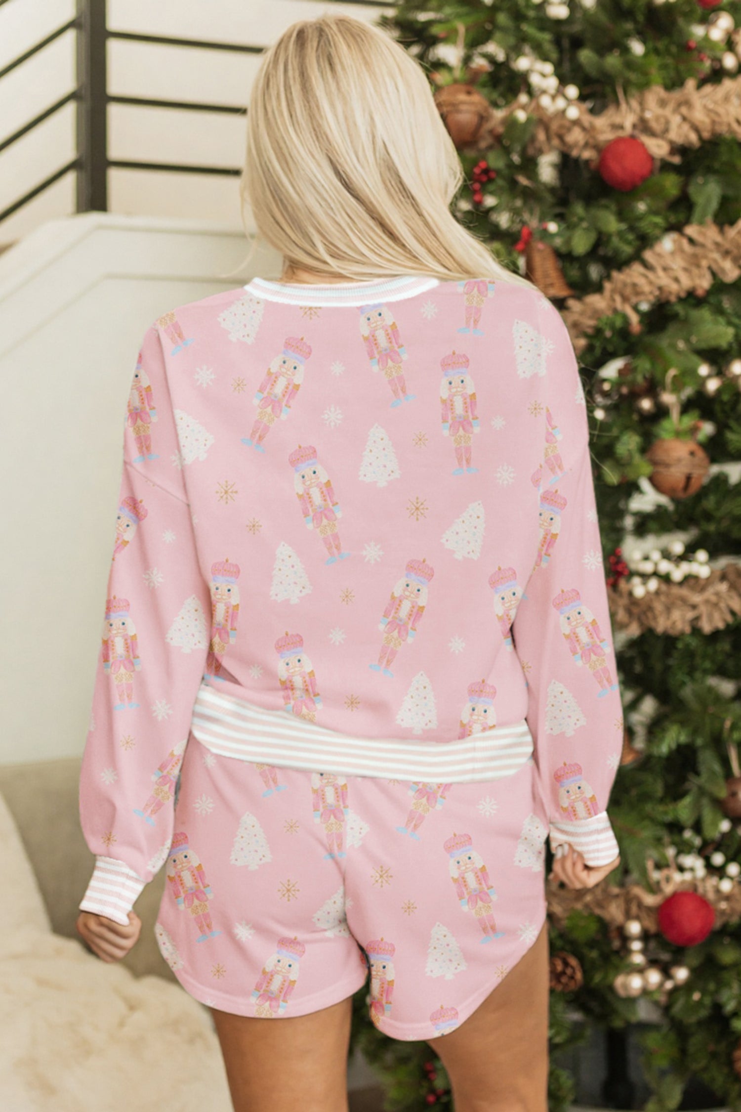 Pink Christmas Tree Nutcracker Doll Print Contrast Trim Long Sleeve Top Matching Shorts Set - Two Piece Sets/Short Sets