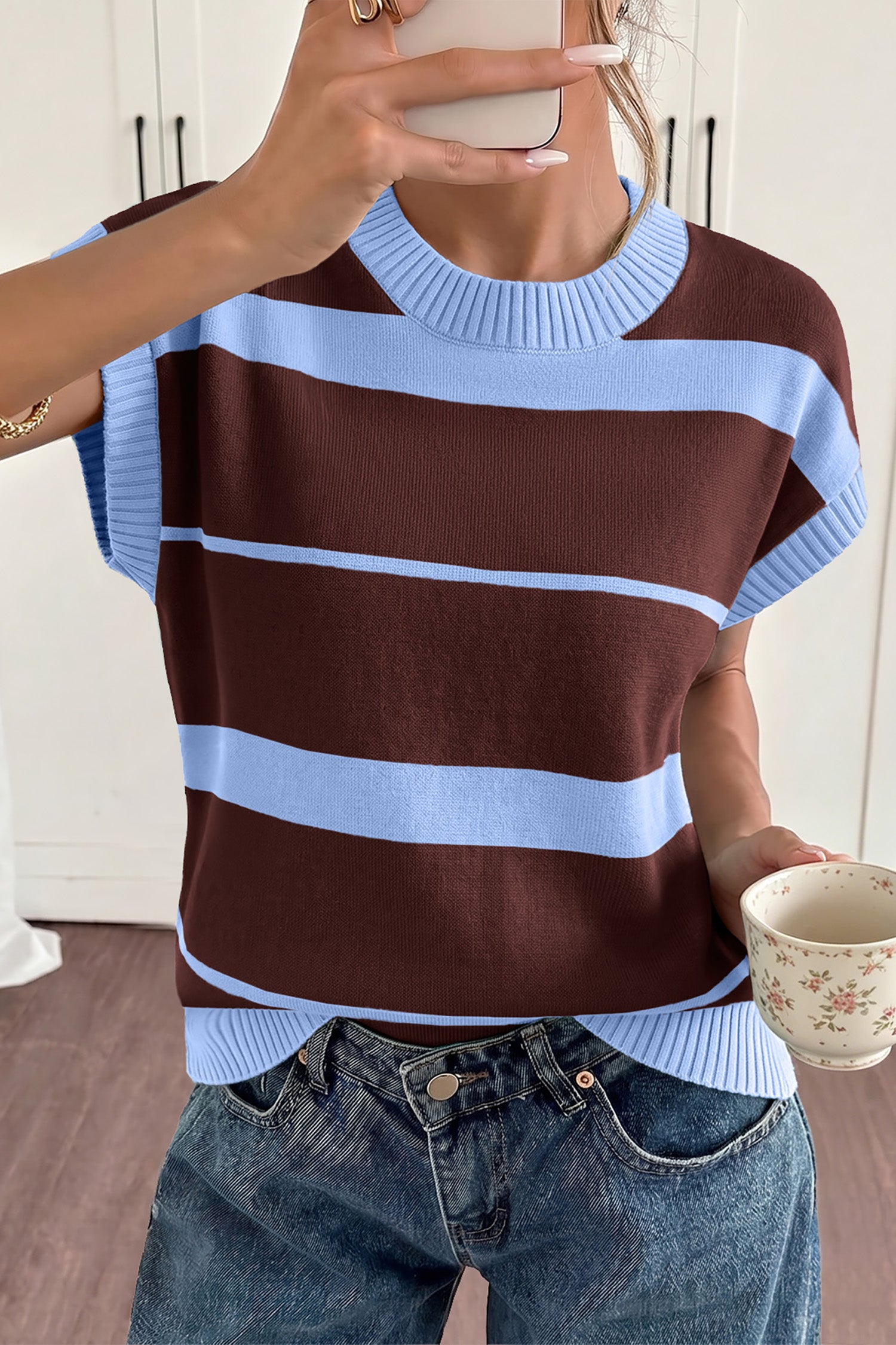 Striped Short Sleeve Round Neck Casual Knit Top – Sky Blue Stripe