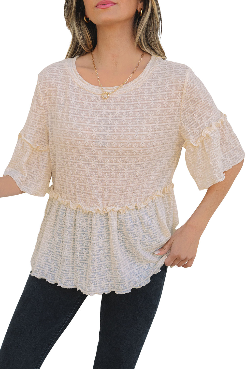Beige Solid Colour Textured Ruffled Short Sleeve Blouse eAura