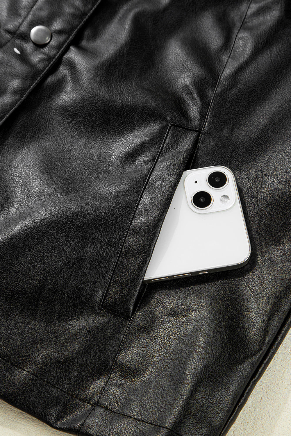 Black Faux Leather Buttoned Front Boxy Jacket eAura