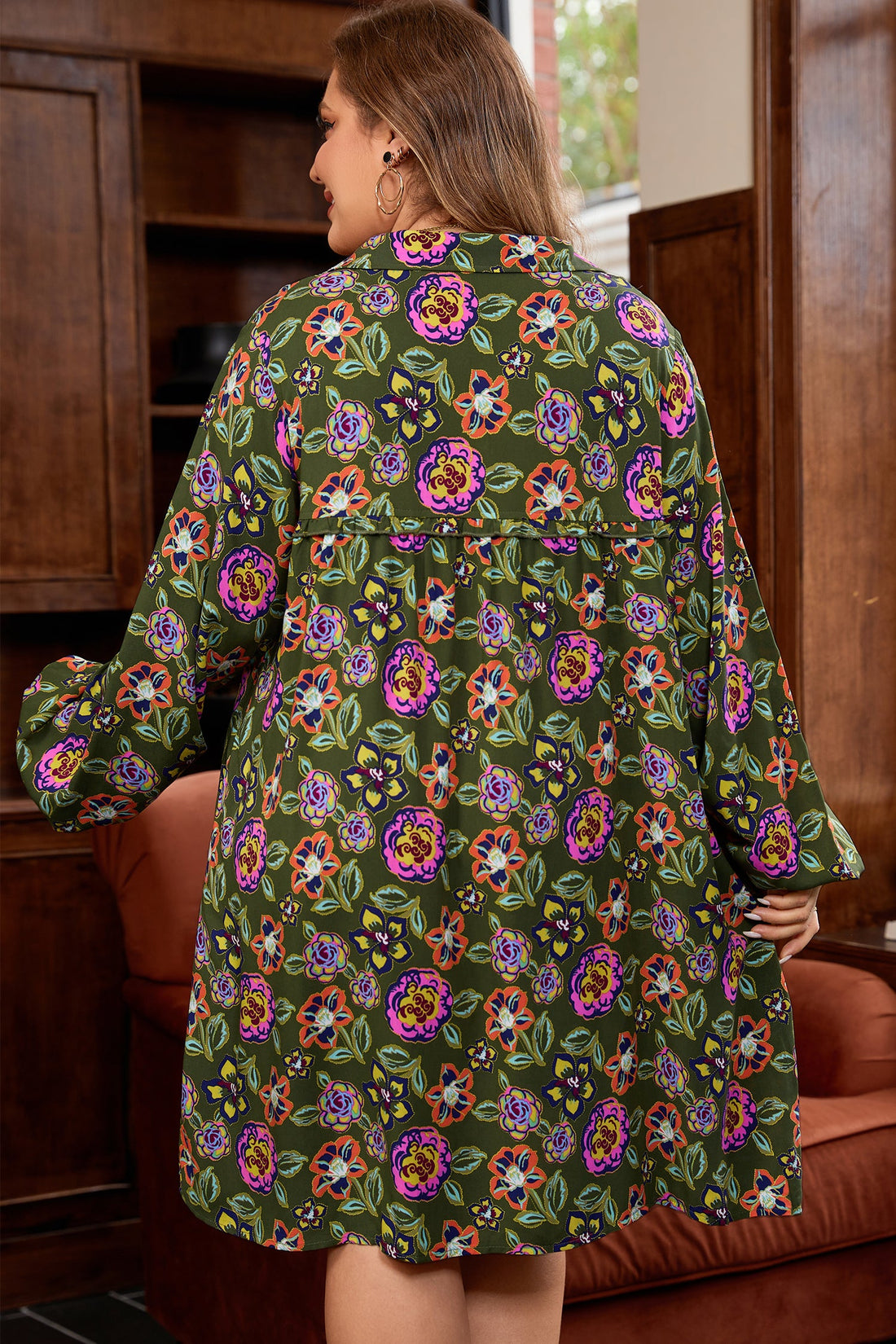 Plus Size Floral Print Collared V-Neck Loose Mini Dress - eAura