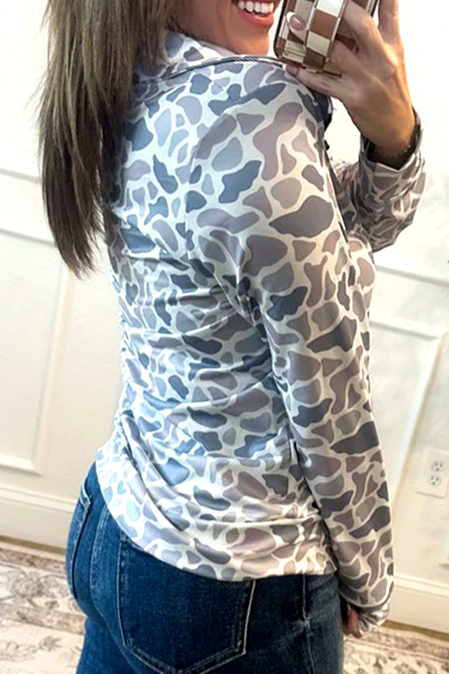 Camouflage Print Kangaroo Pocket Zip Collar Pullover Sweatshirt - eAura