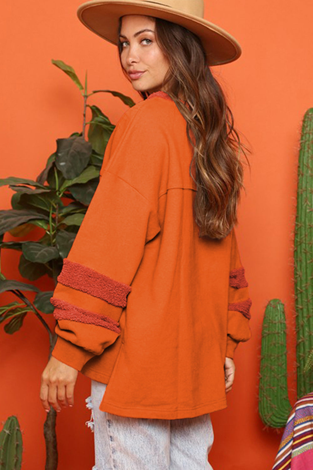 Carrot Fleece Patchwork Side Slits High Low Sweatshirt eAura