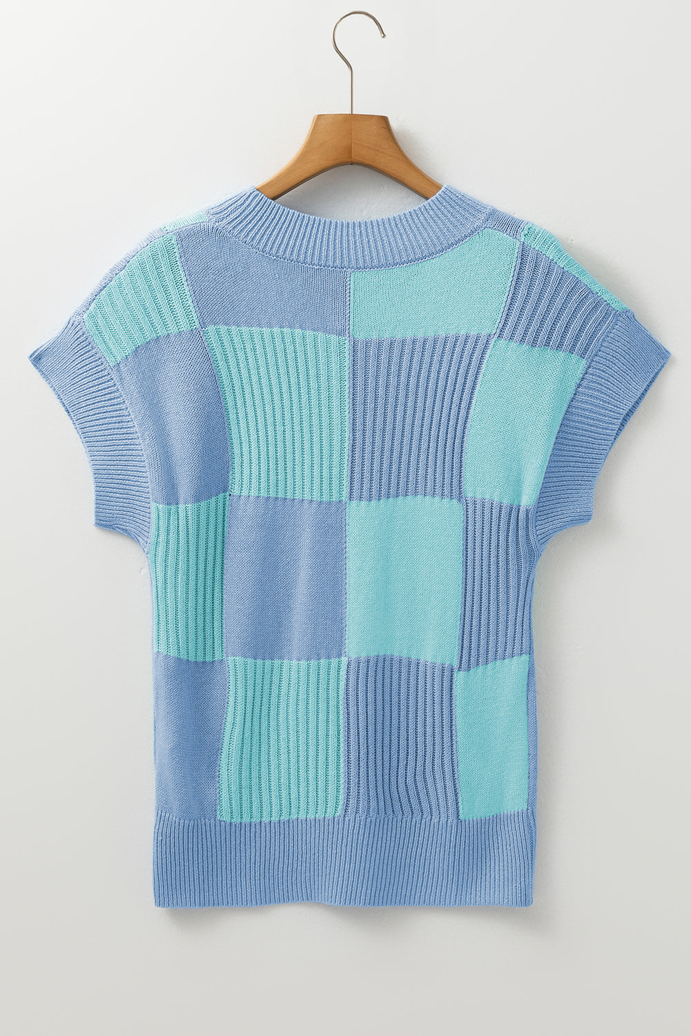 Light Blue Checkered Colour Block Crew Neck Short Sleeve Sweater eAura