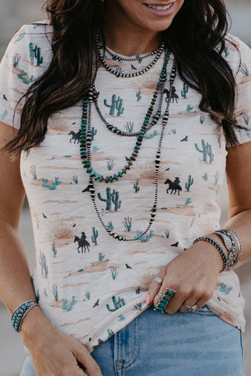 Cactus Print Crew Neck Short Sleeve T-Shirt