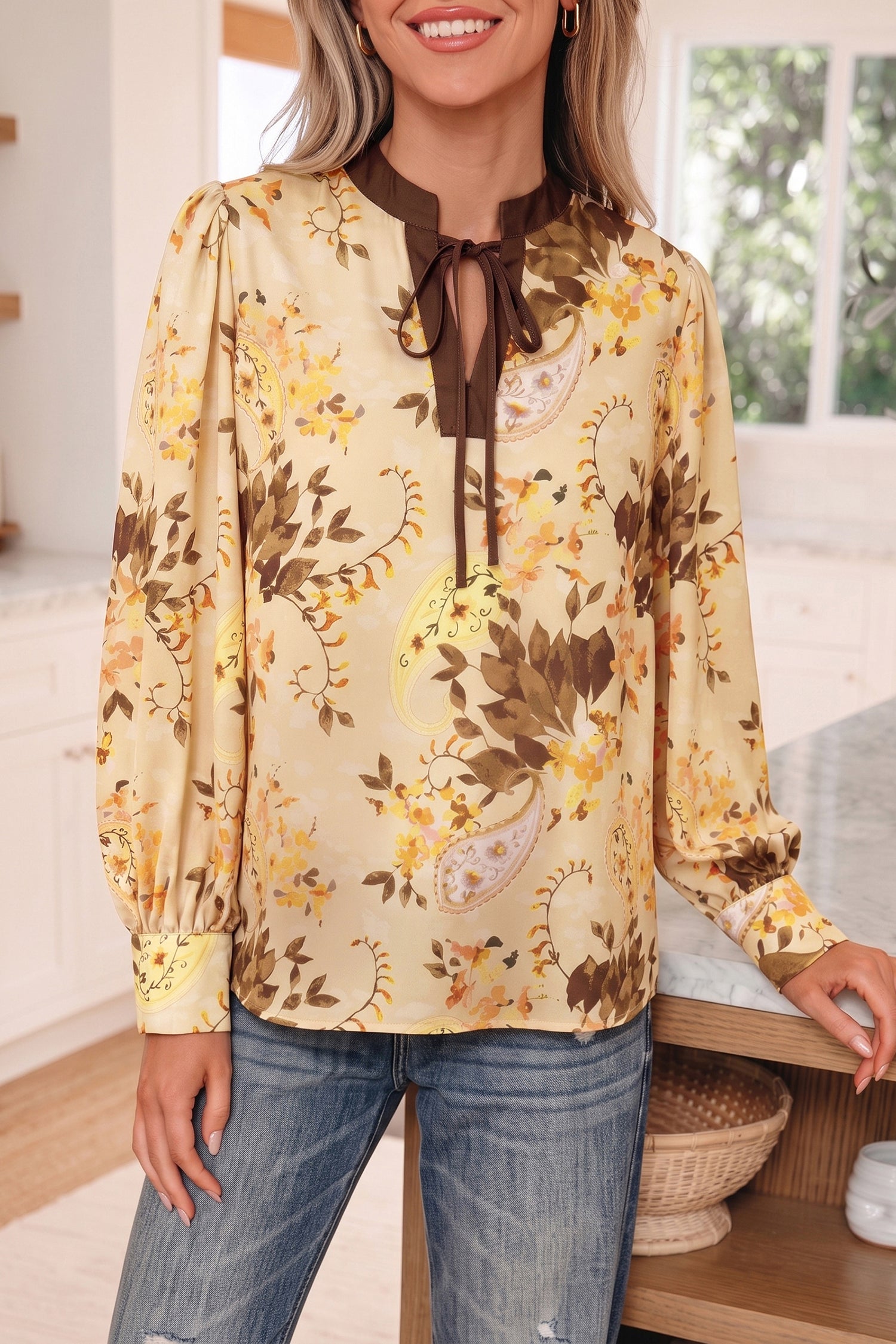 Paisley Print Tie Neck Long Sleeve Blouse – Khaki