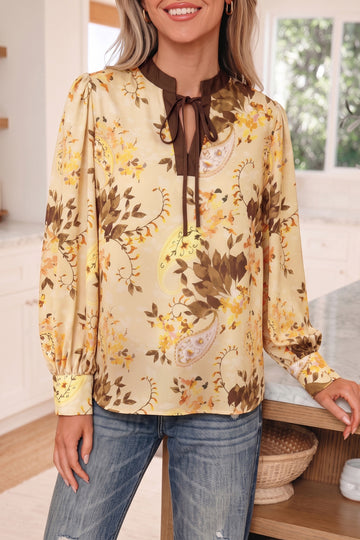 Paisley Print Tie Neck Long Sleeve Blouse – Khaki