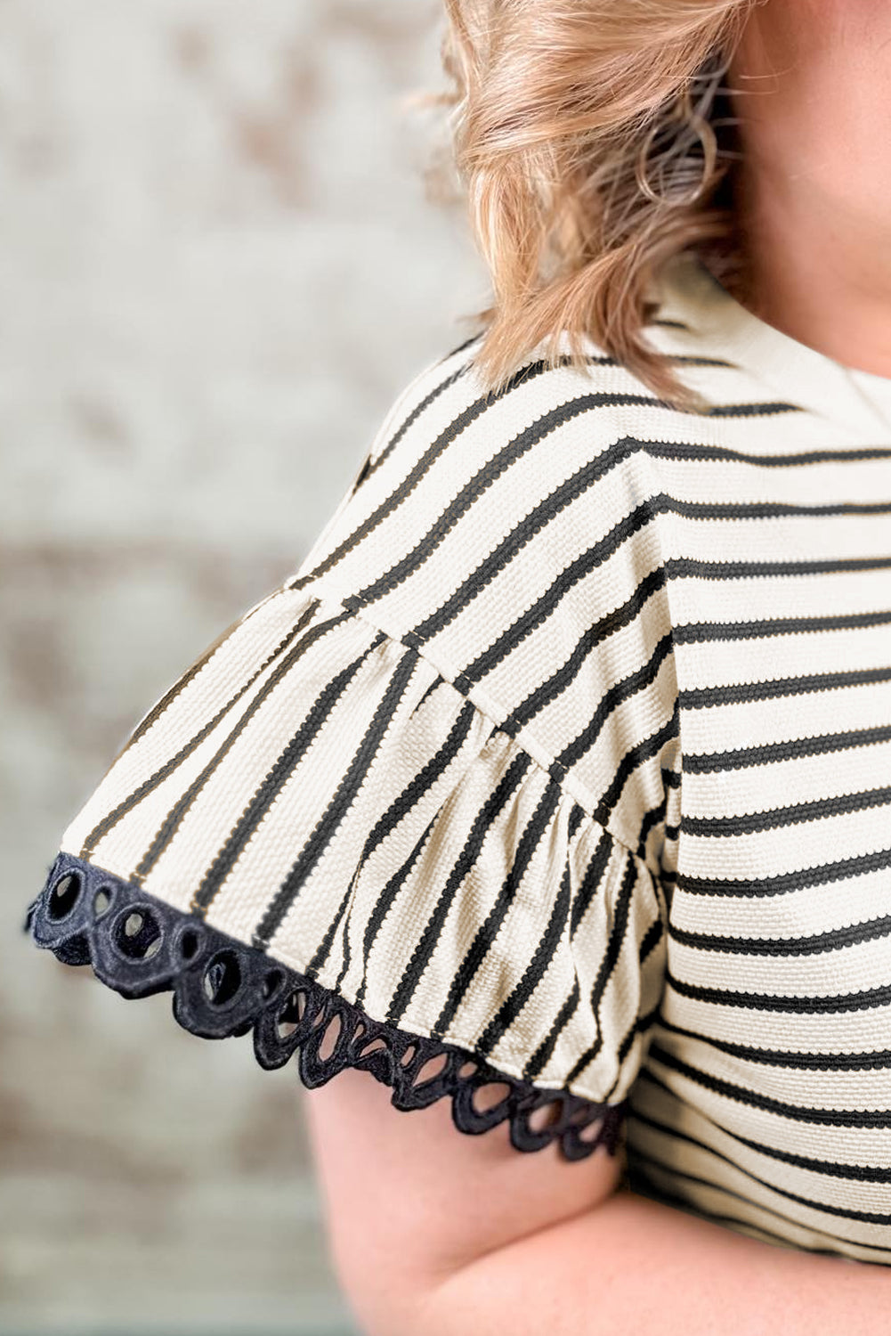 Stripe Eyelet Trimmed Ruffled Short Sleeve Plus Size Top BB Fashion Outlet