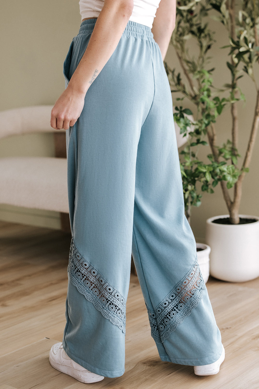 Dusk Blue Lace Crochet Patched Lace-up High Waist Wide Leg Trousers BB Fashion Outlet