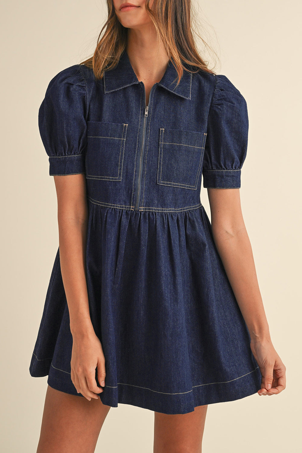 Dirty blue Zipped up Bodice Collared Short Puff Sleeve Denim Dress eAura