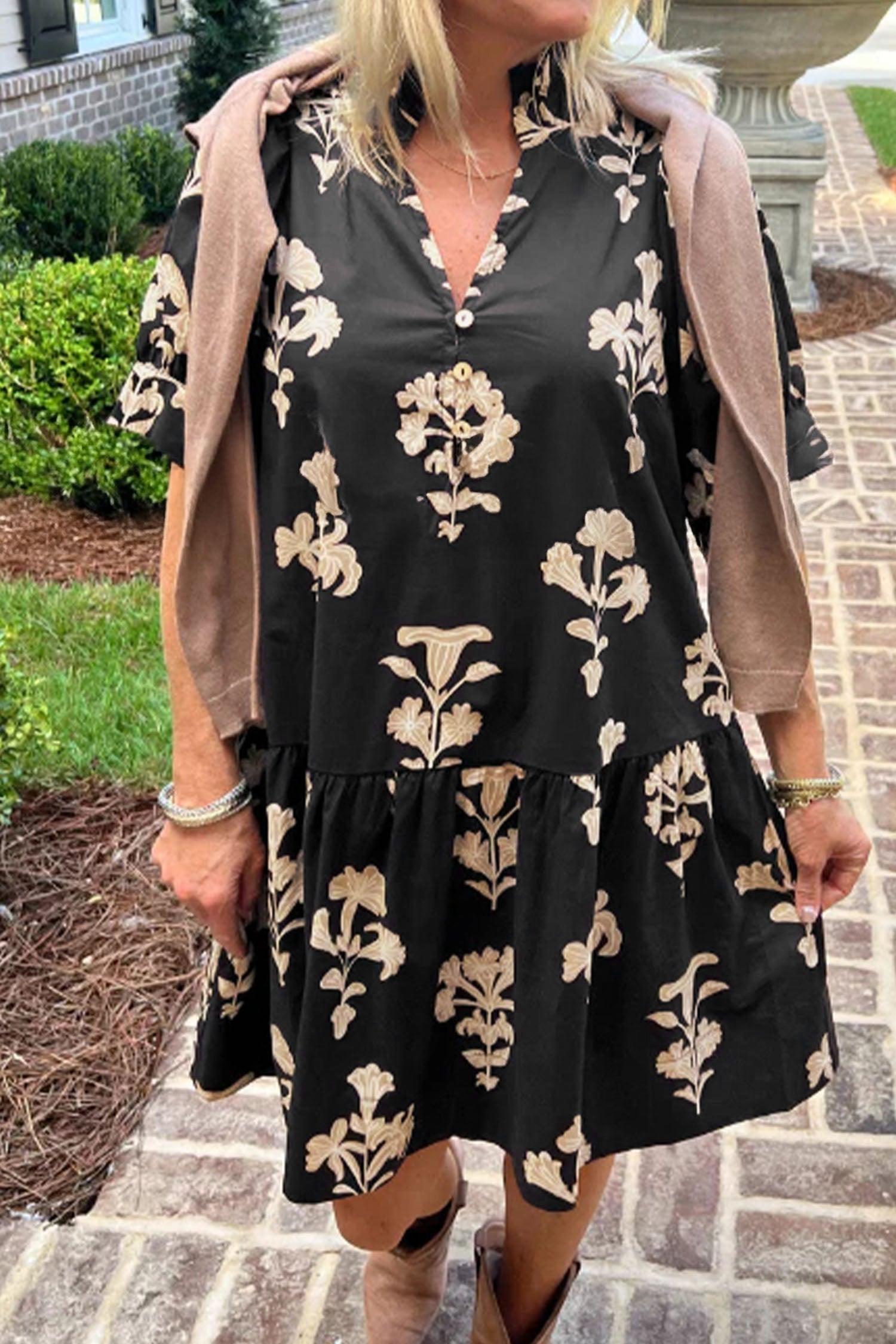 Floral Frill V-Neck Puff Sleeve Drop Waist Mini Dress