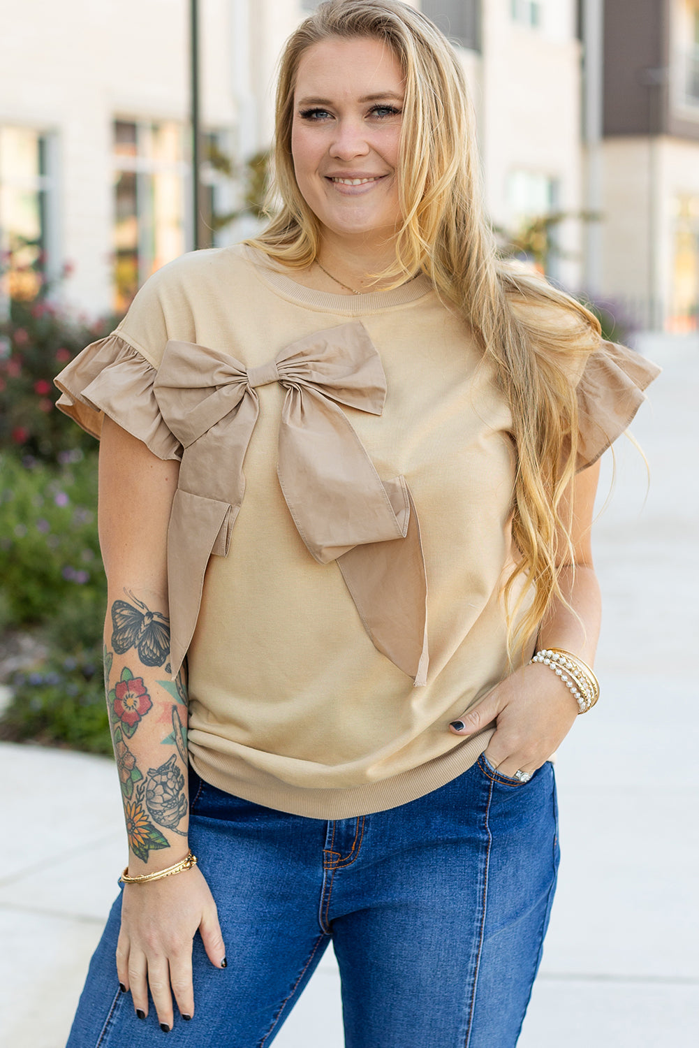 Parchment Ruffled Short Sleeve Bowknot Applique Crew Neck Plus Size Top BB Fashion Outlet