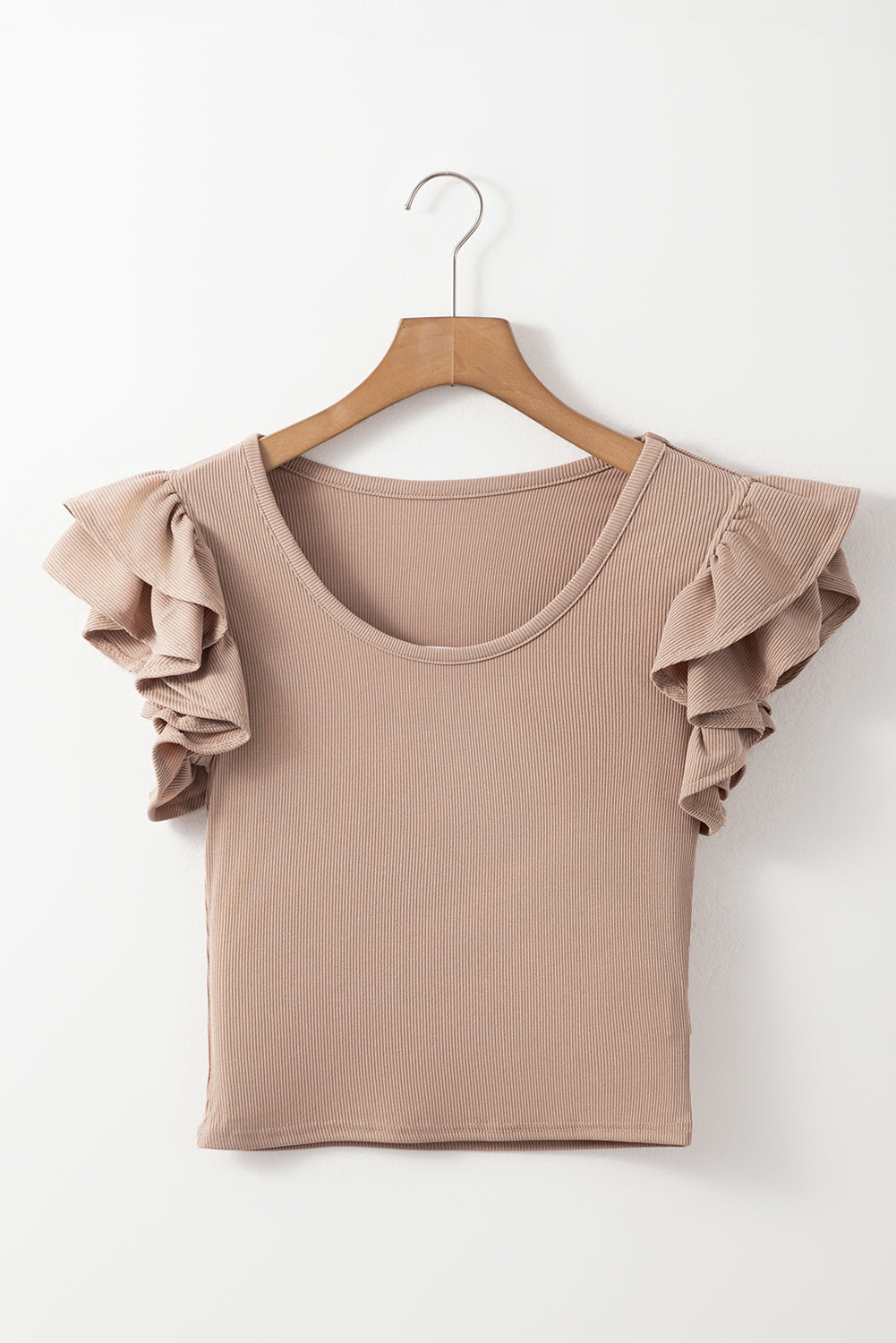 Smoke Grey Ribbed Knit Ruffled Shoulder Slim Fit Tank Top eAura