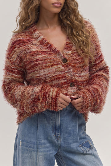 Fuzzy Striped Button Front Cardigan Sweater – Tawny