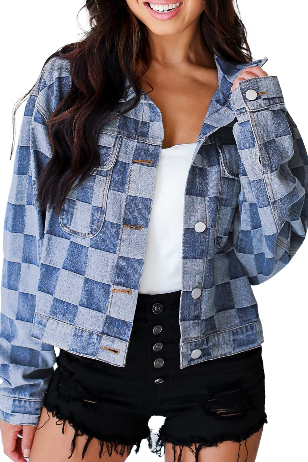Light Blue Checkered Patchwork Button up Denim Jacket Beagle Boutique Fashion Outlet