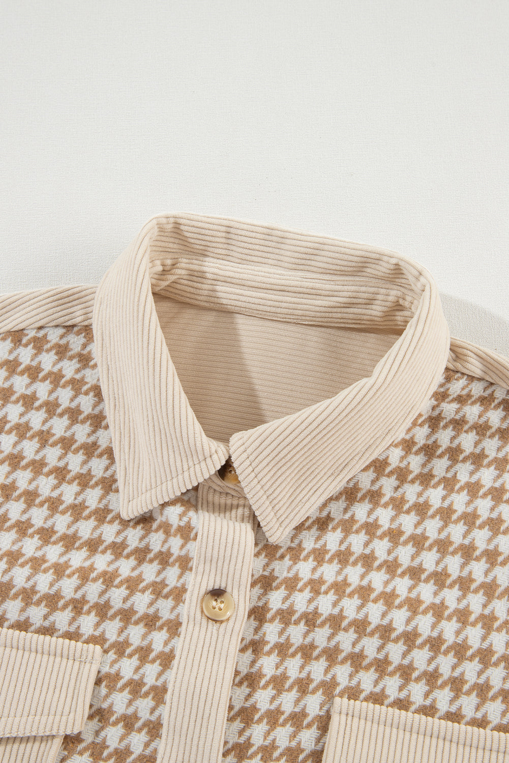 Parchment Houndstooth Corduroy Patchwork Flap Pocket Shacket Beagle Boutique Fashion Outlet