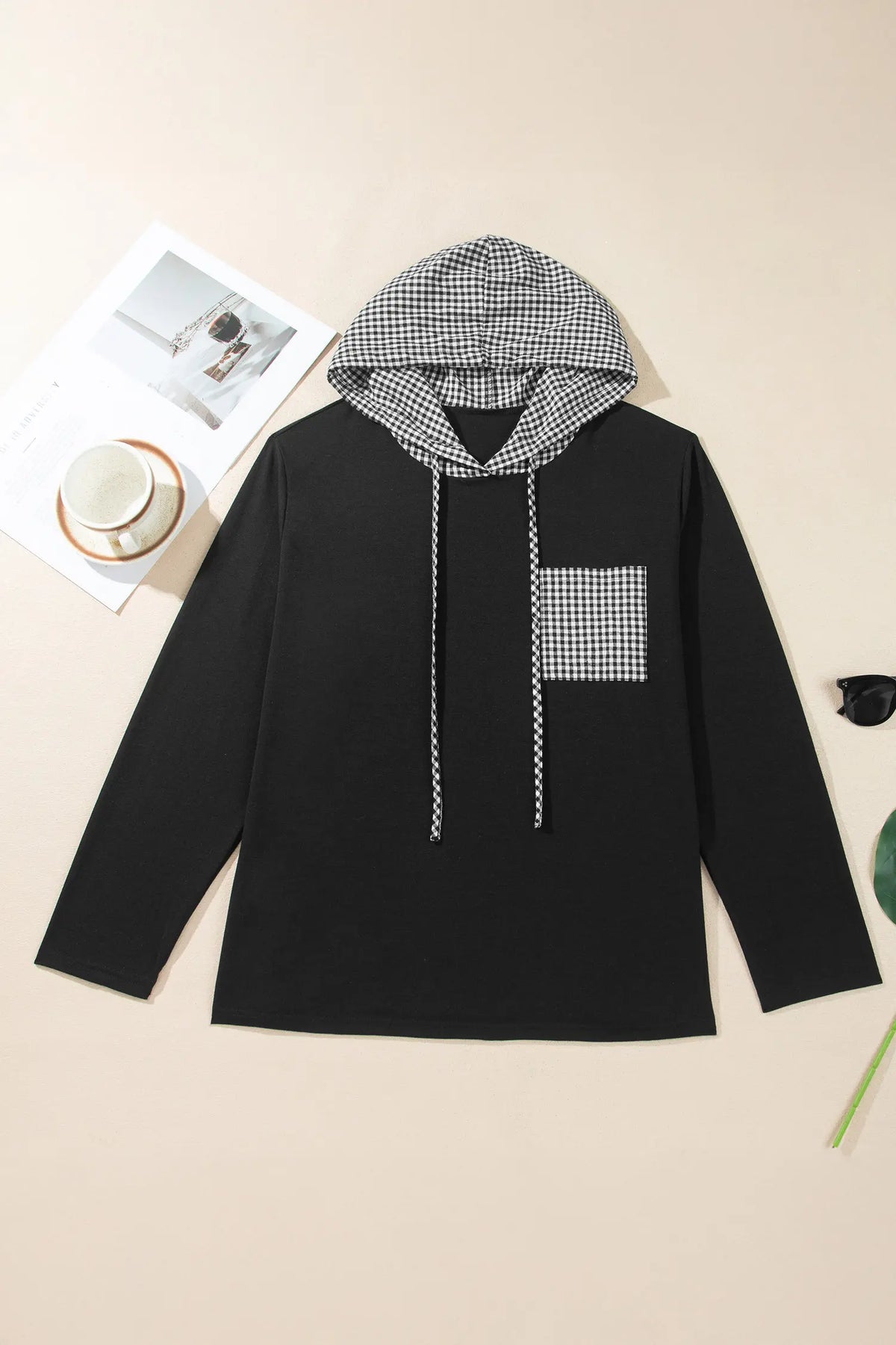 Hooded Gingham Paneling Chest Patch Pocket Long Sleeve Plus Size Blouse – Black