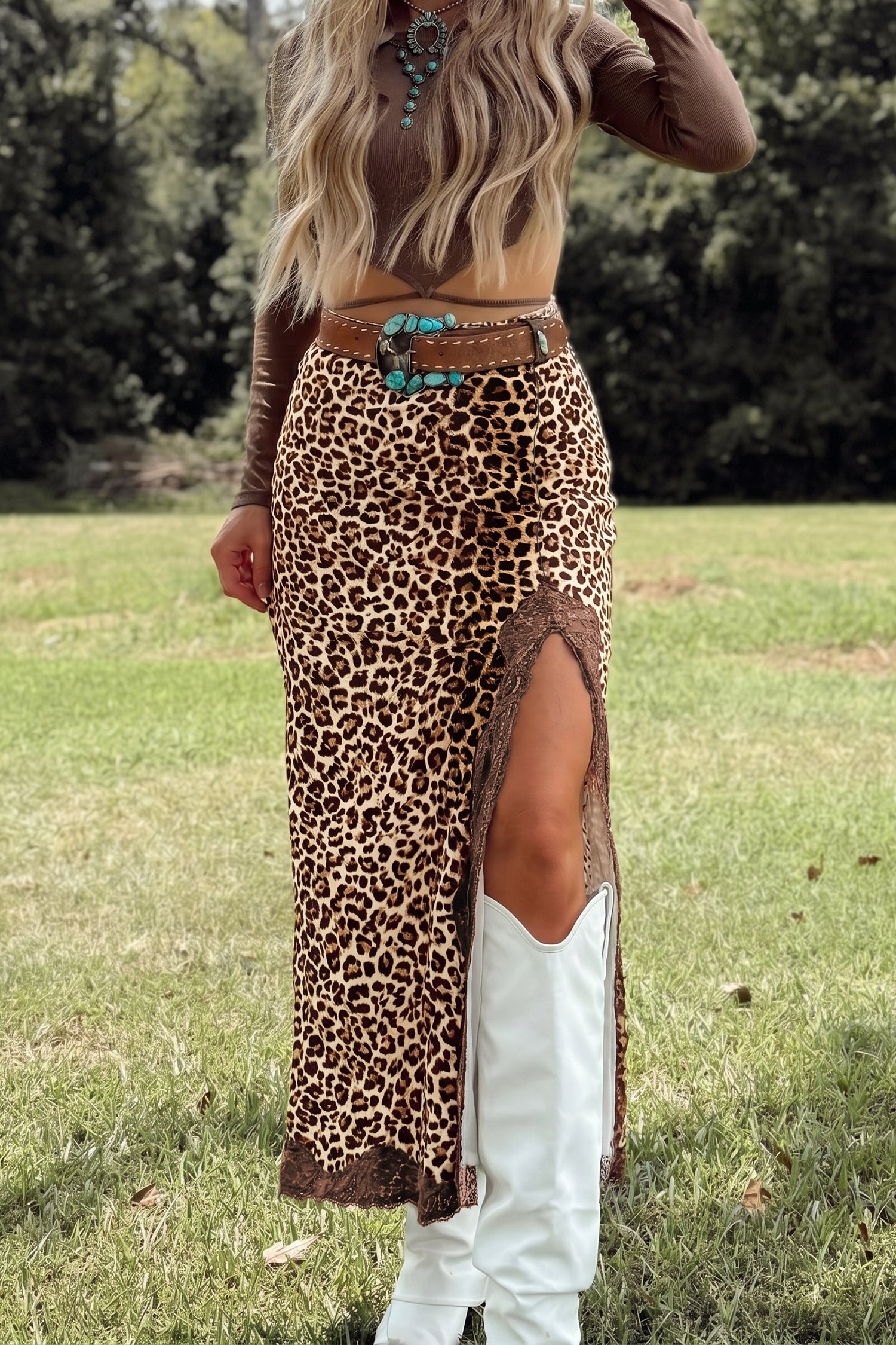 Cheetah Print Trim Split Long Western Skirt – Khaki