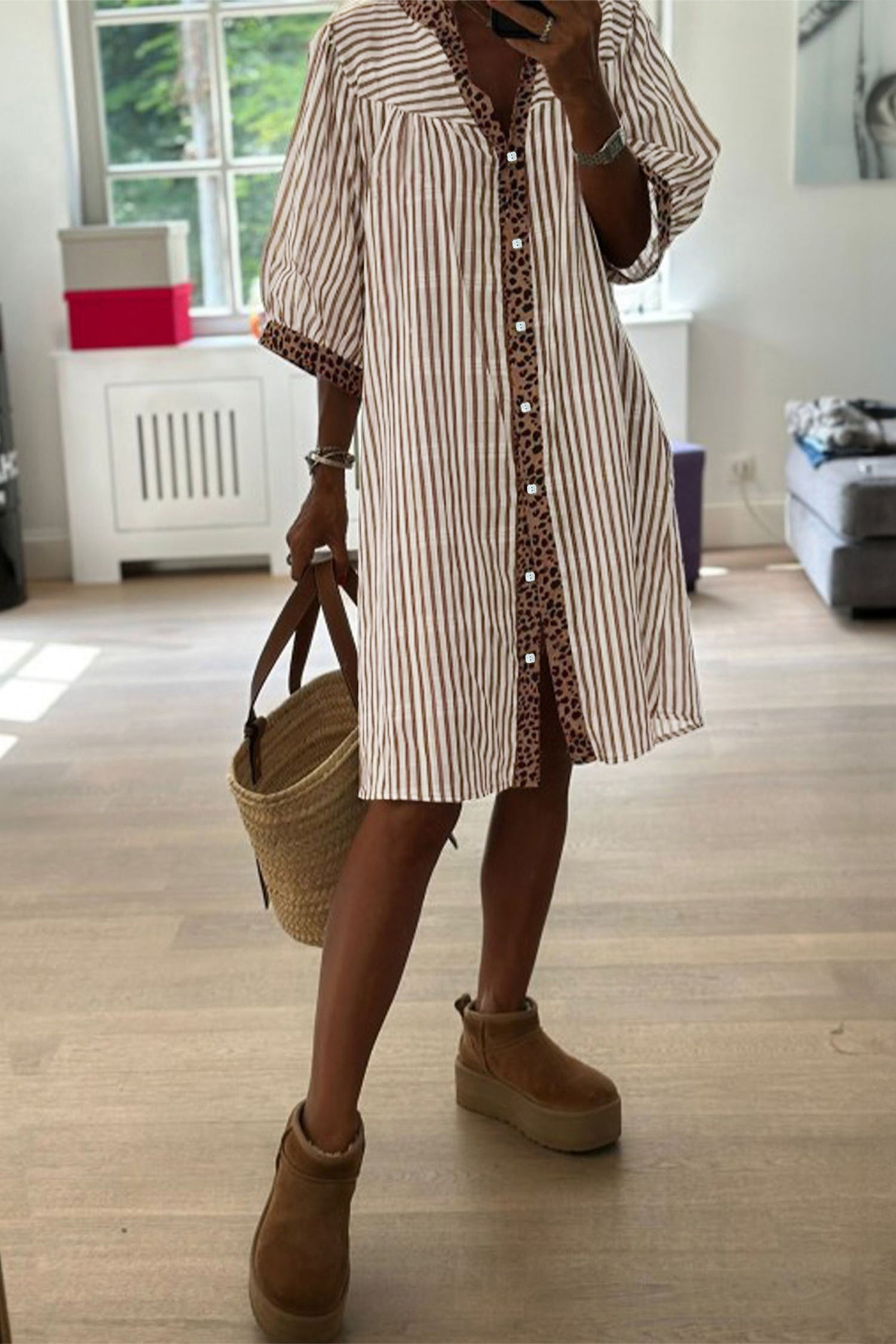 Stripe Square Button Leopard Trim Loose Bracelet Sleeve Shirt Dress