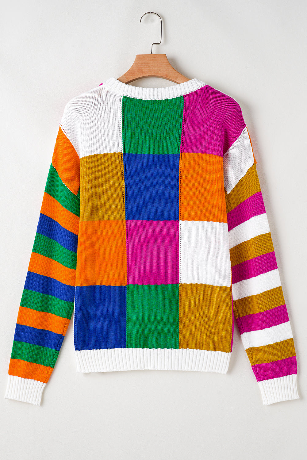 Orange Checkered Colour Block Round Neck Loose Sweater eAura