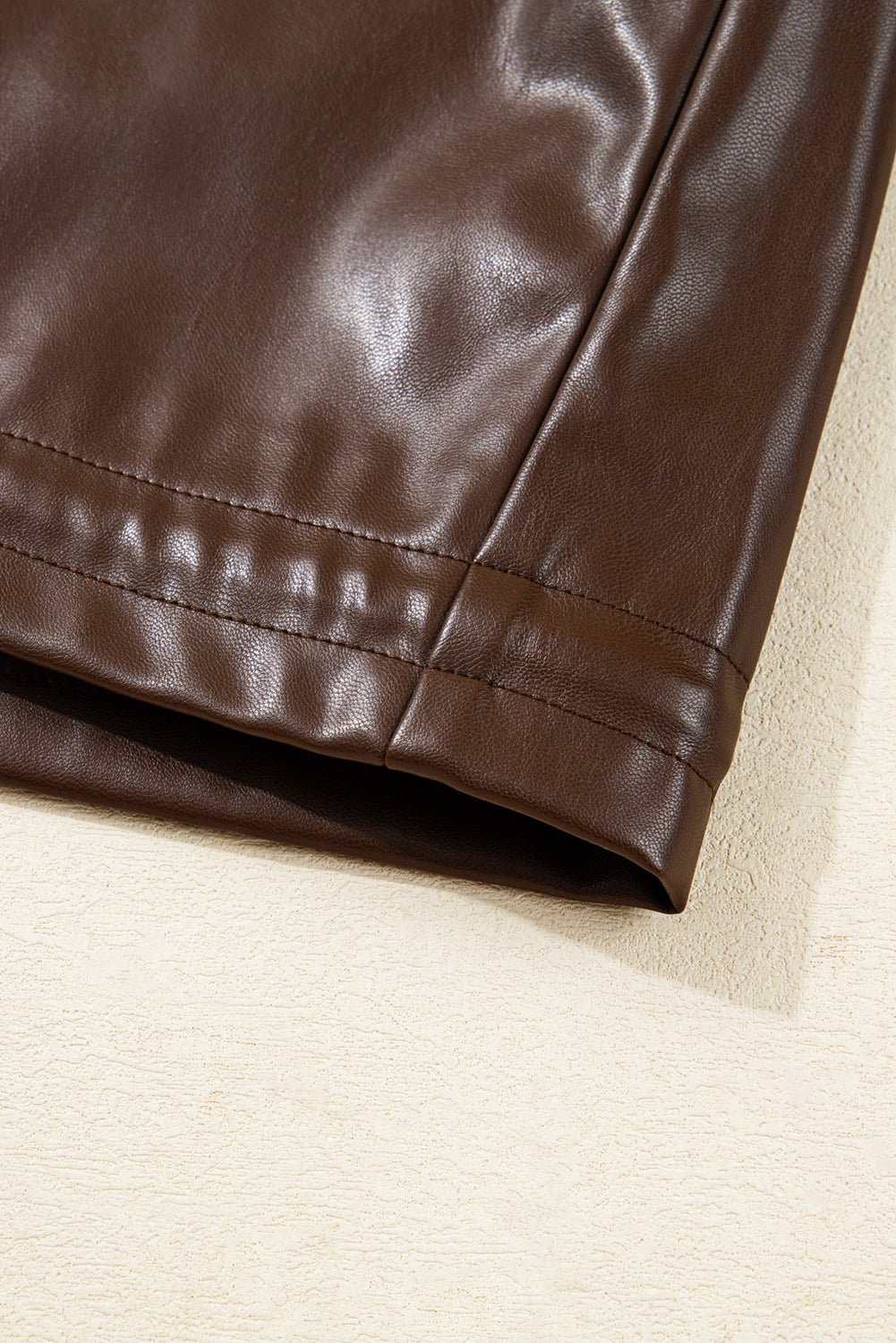 Brown Double Flap Pocket Drawstring Hem Leather Jacket eAura