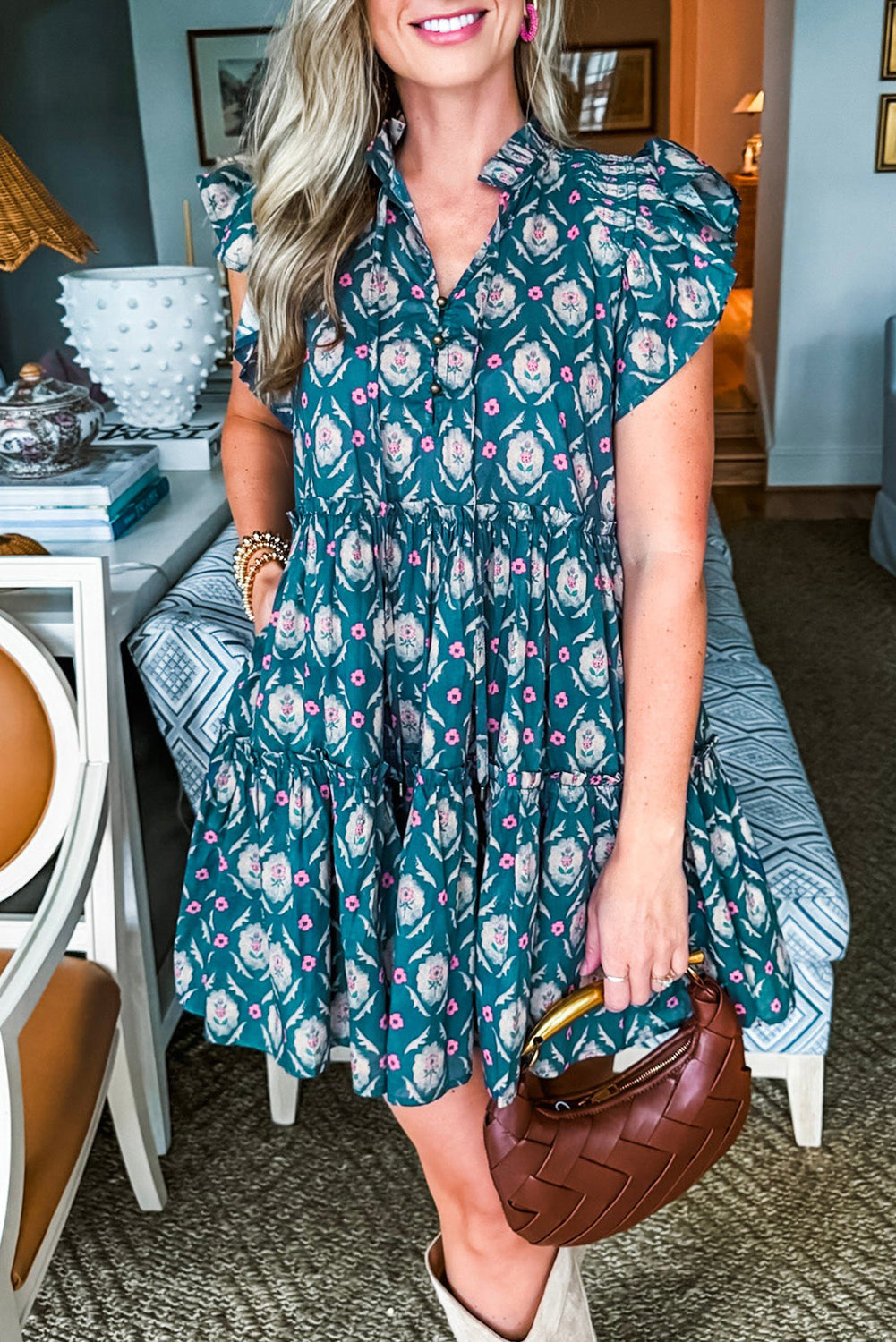 Blue Retro Floral Print Split Neck Ruffle Short Sleeve Dress eAura