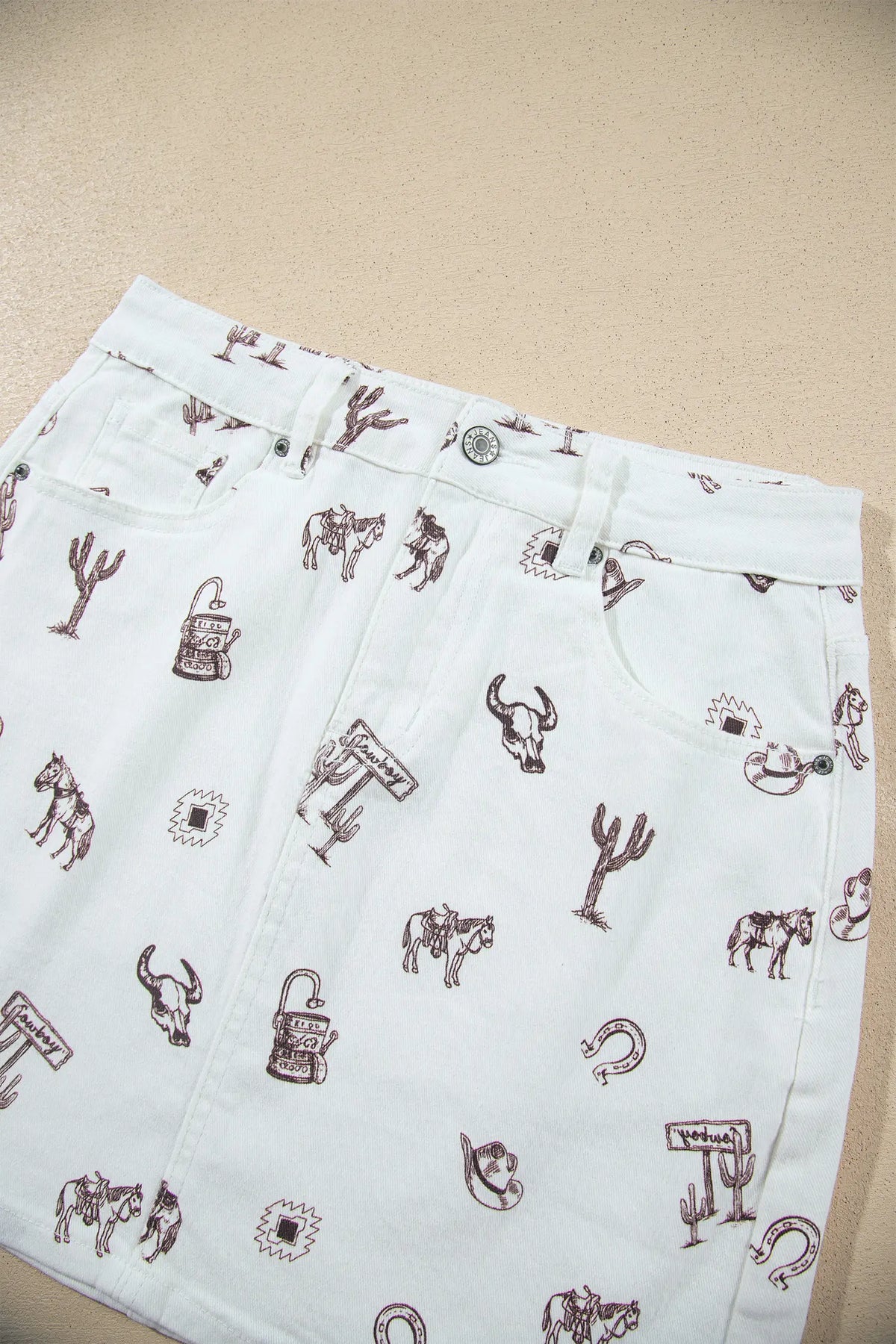 Western Print Cactus Horse Bull Denim Skirt – White