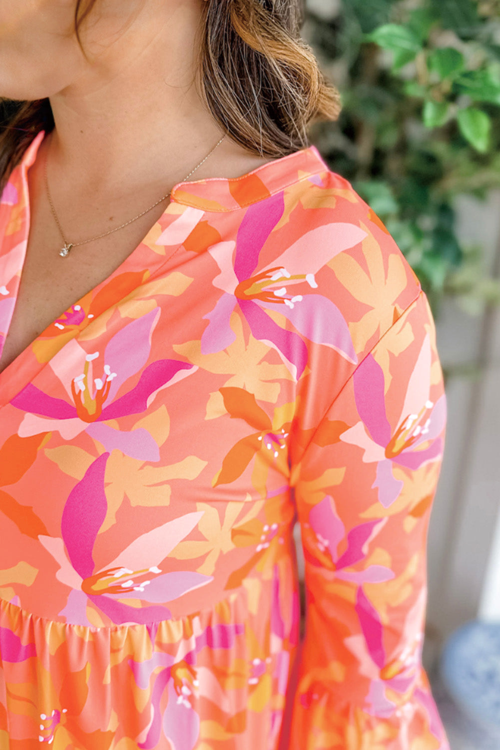 Orange Abstract Print Ruffled Sleeve V Neck Dress eAura