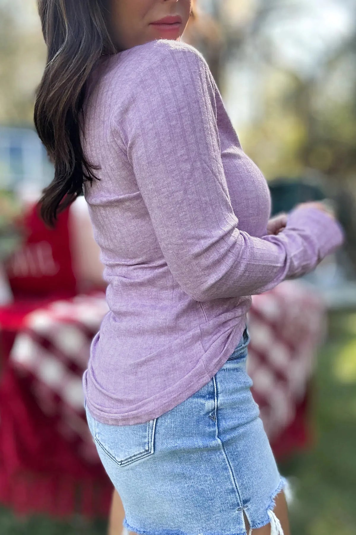 Long Sleeve Top with Ribbed Texture and Round Neck