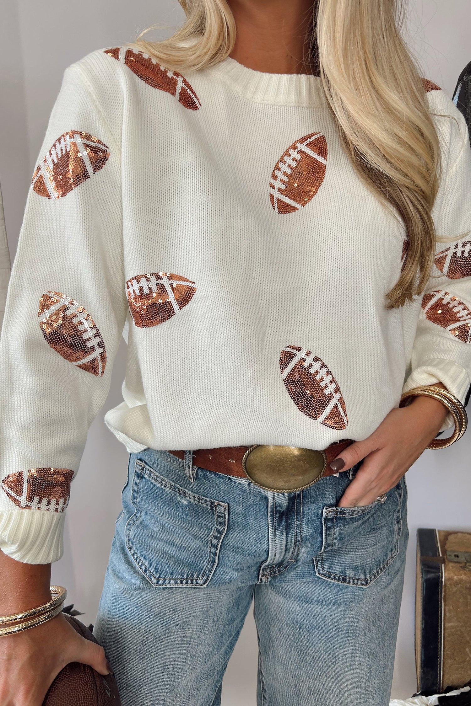 Sequin Football Print Round Neck Long Sleeve Loose Fit Sweater – Beige