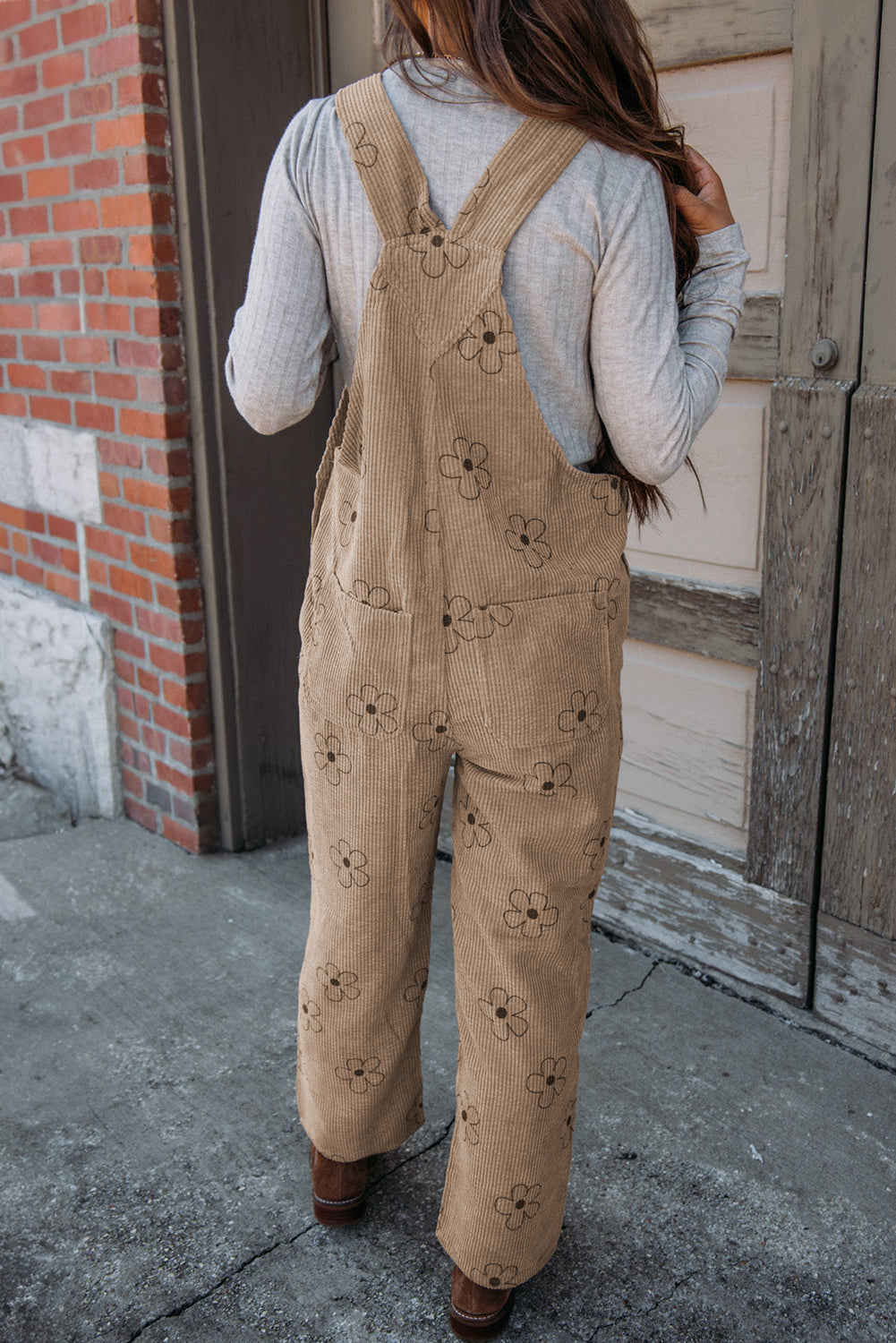 Khaki Flower Print Corduroy Overalls BB Fashion Outlet