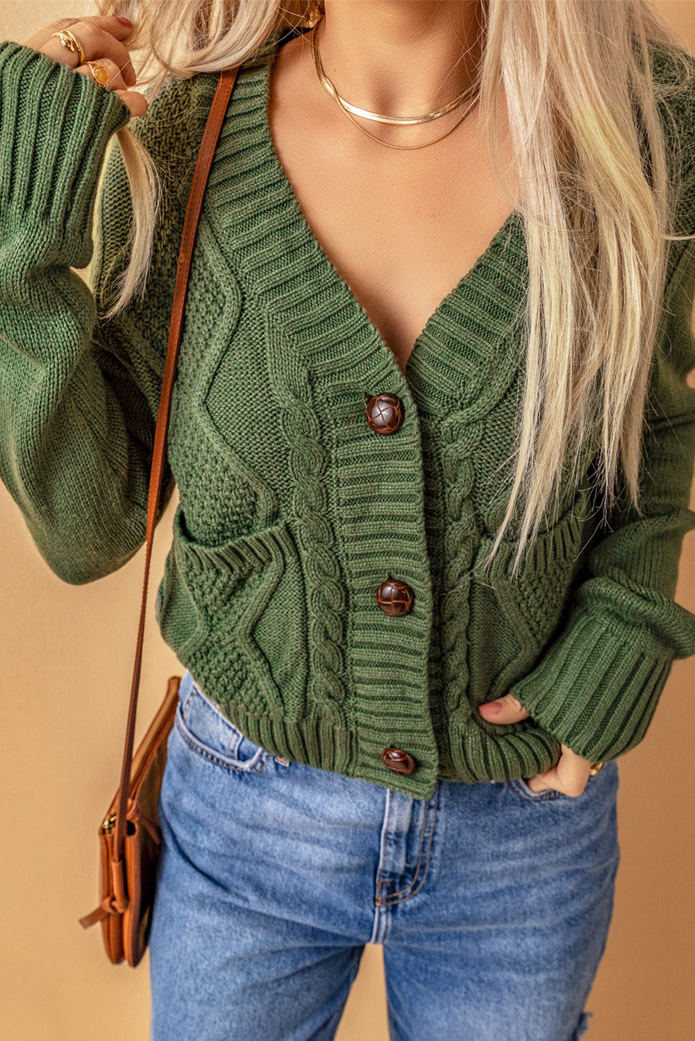 Black Front Pockets Buttons Textured Cardigan eAura