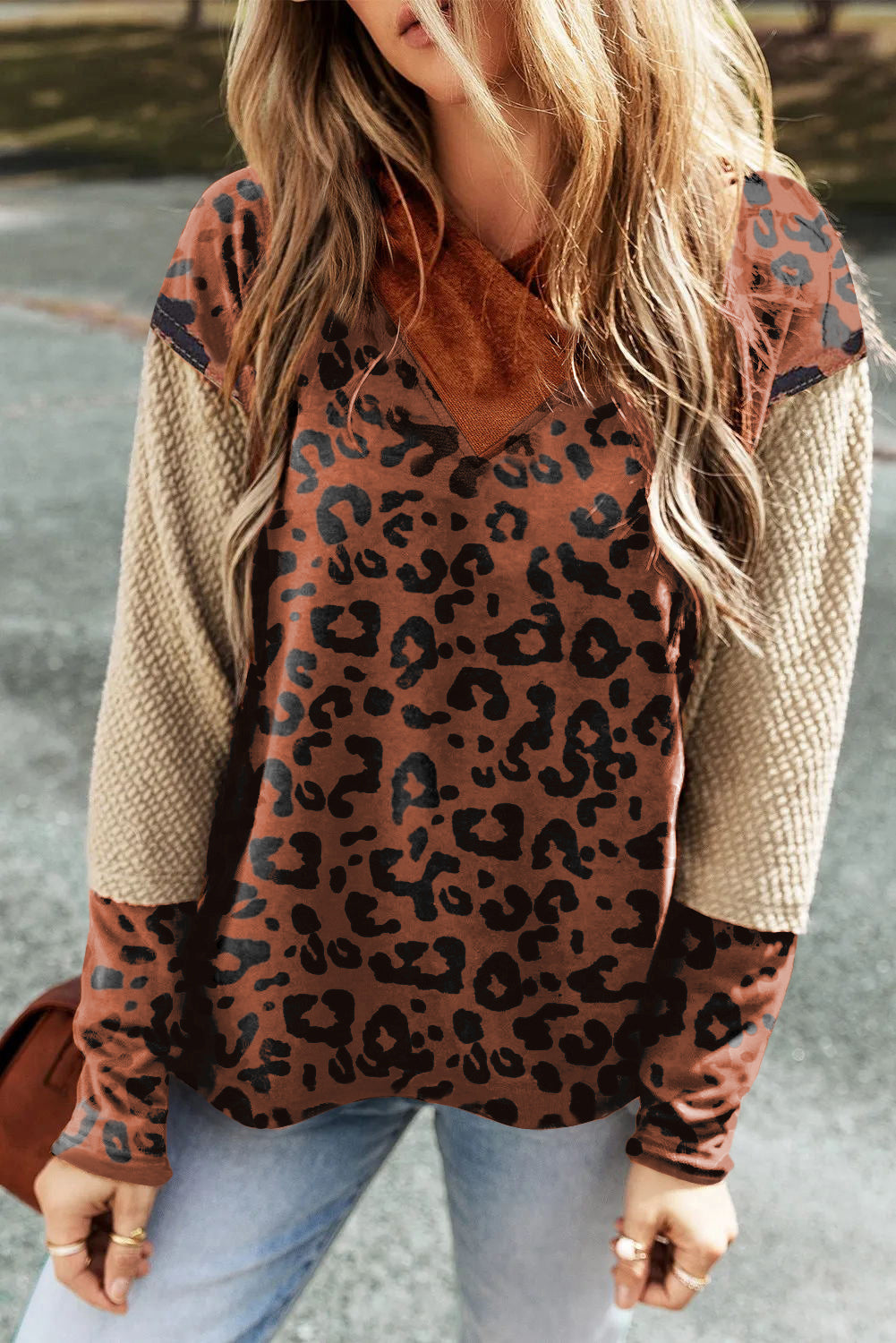 Brown Textured Knit Patchwork Leopard Hoodie eAura