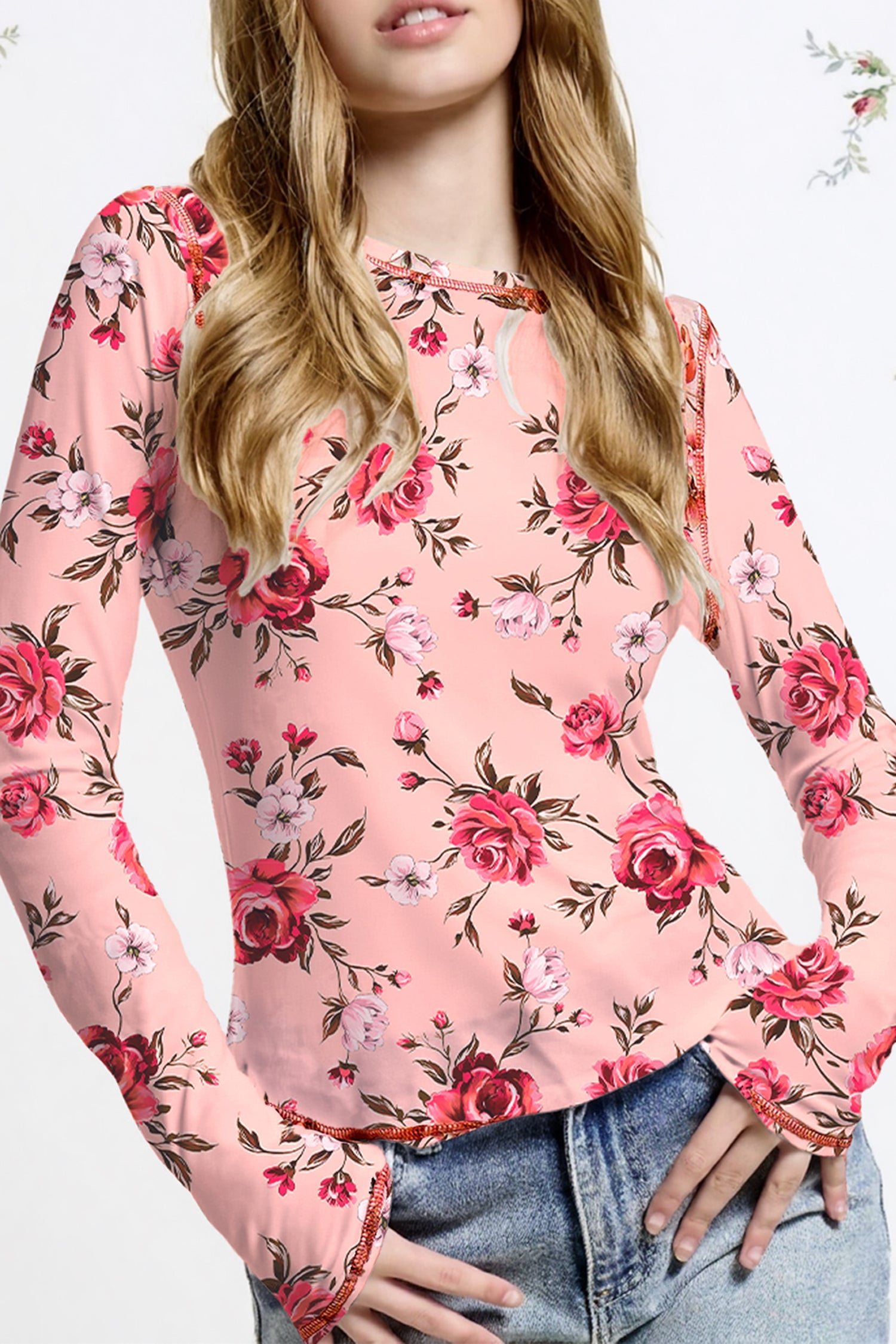 Floral Print Exposed Seam Detail Mesh Long Sleeve Top - eAura