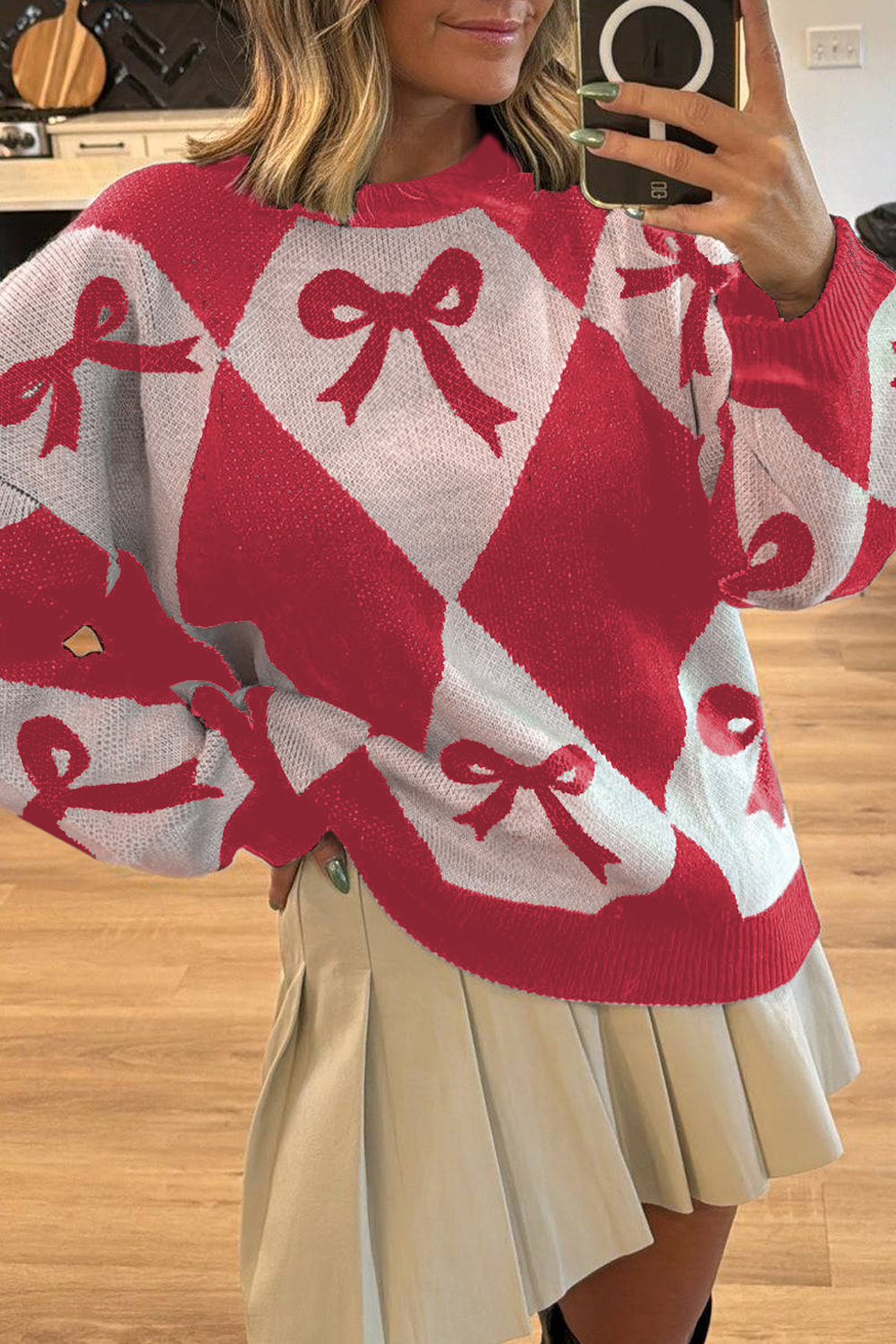 Black Bow Print 2-tone Rhombus Knit Loose Sweater - eAura