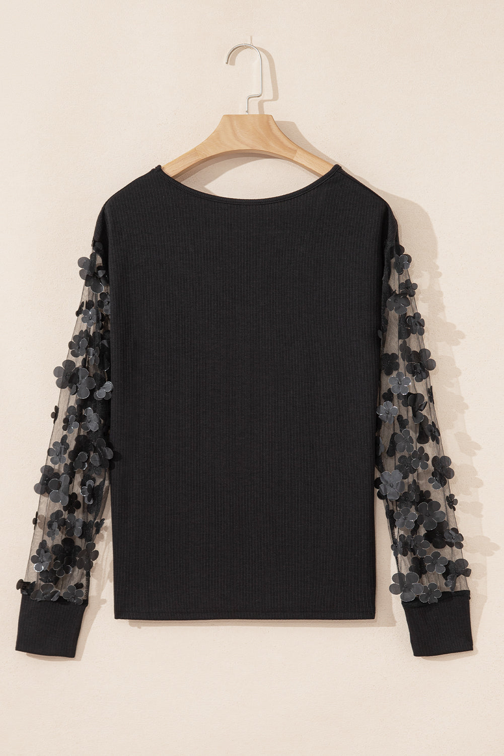 Black Flower Applique Mesh Long Sleeve V-Neck Blouse - eAura