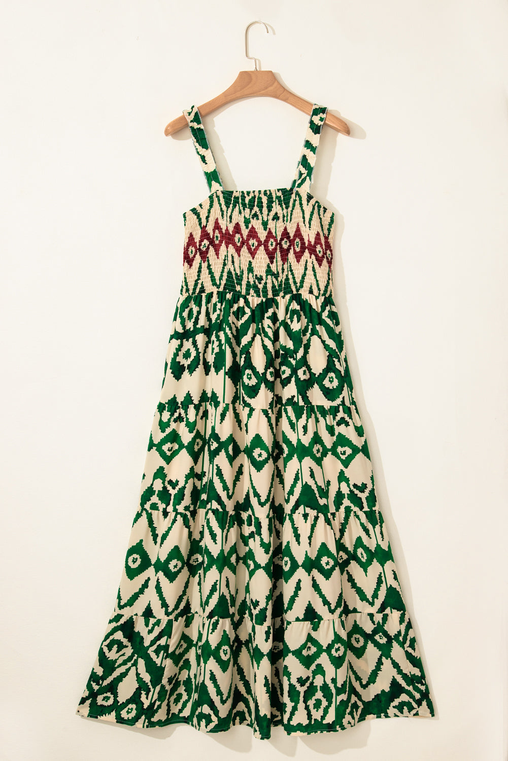 Green Western Aztec Shirred A-line Sleeveless Maxi Dress BB Fashion Outlet