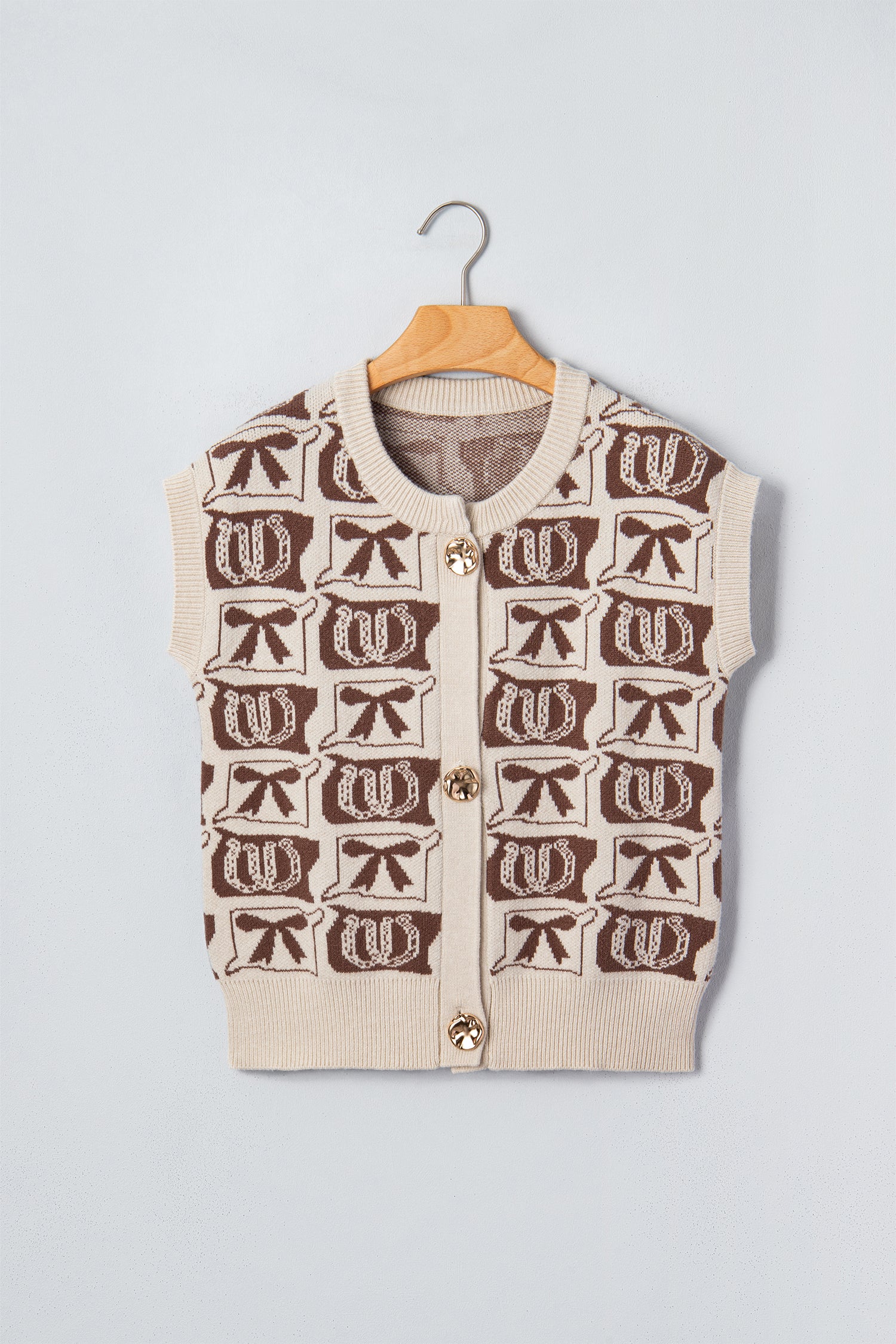 Western Horseshoe Bow Pattern Button Front Sleeveless Knit Sweater – Brown