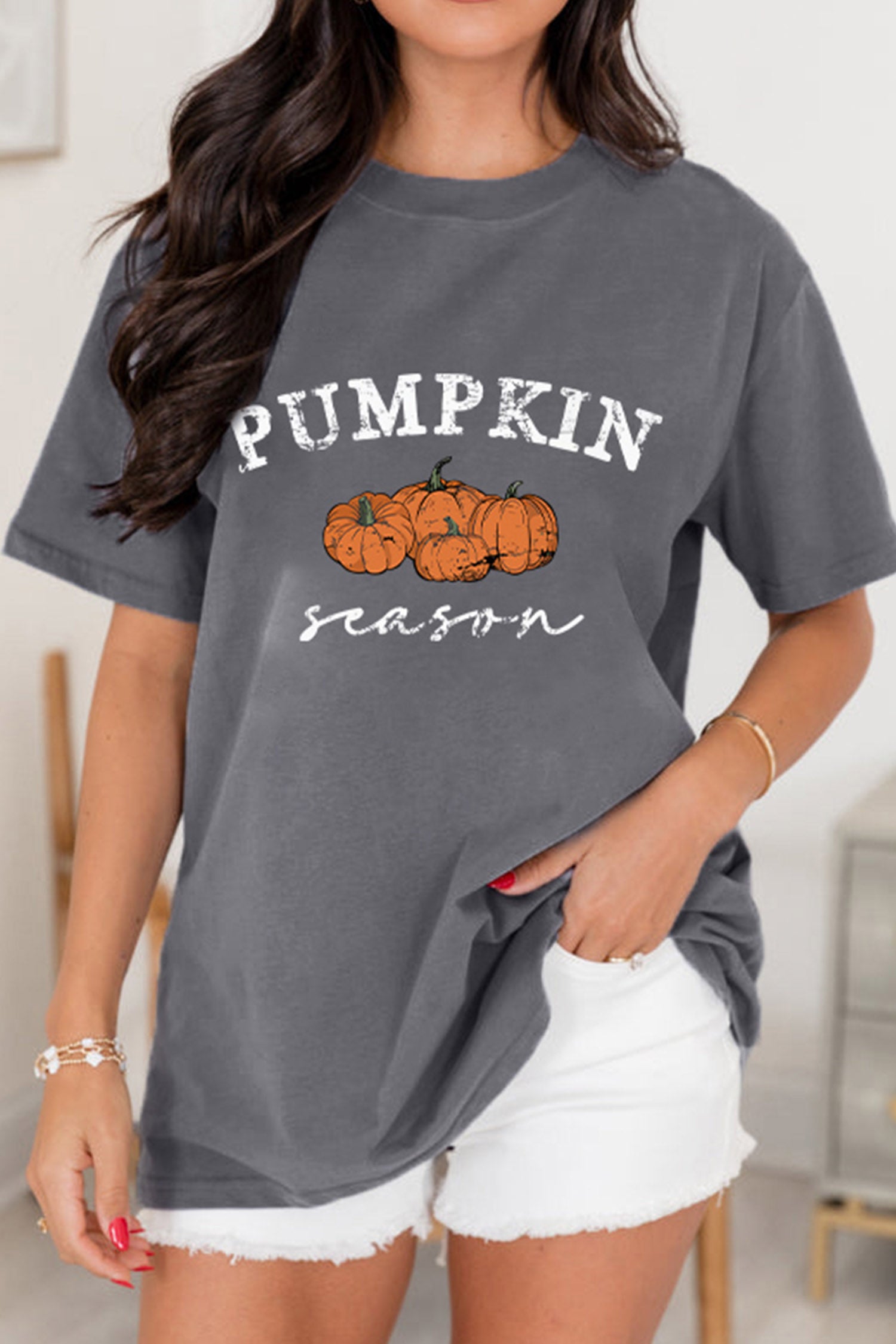 Pumpkin Season Graphic Round Neck Short Sleeve T-Shirt – Gray