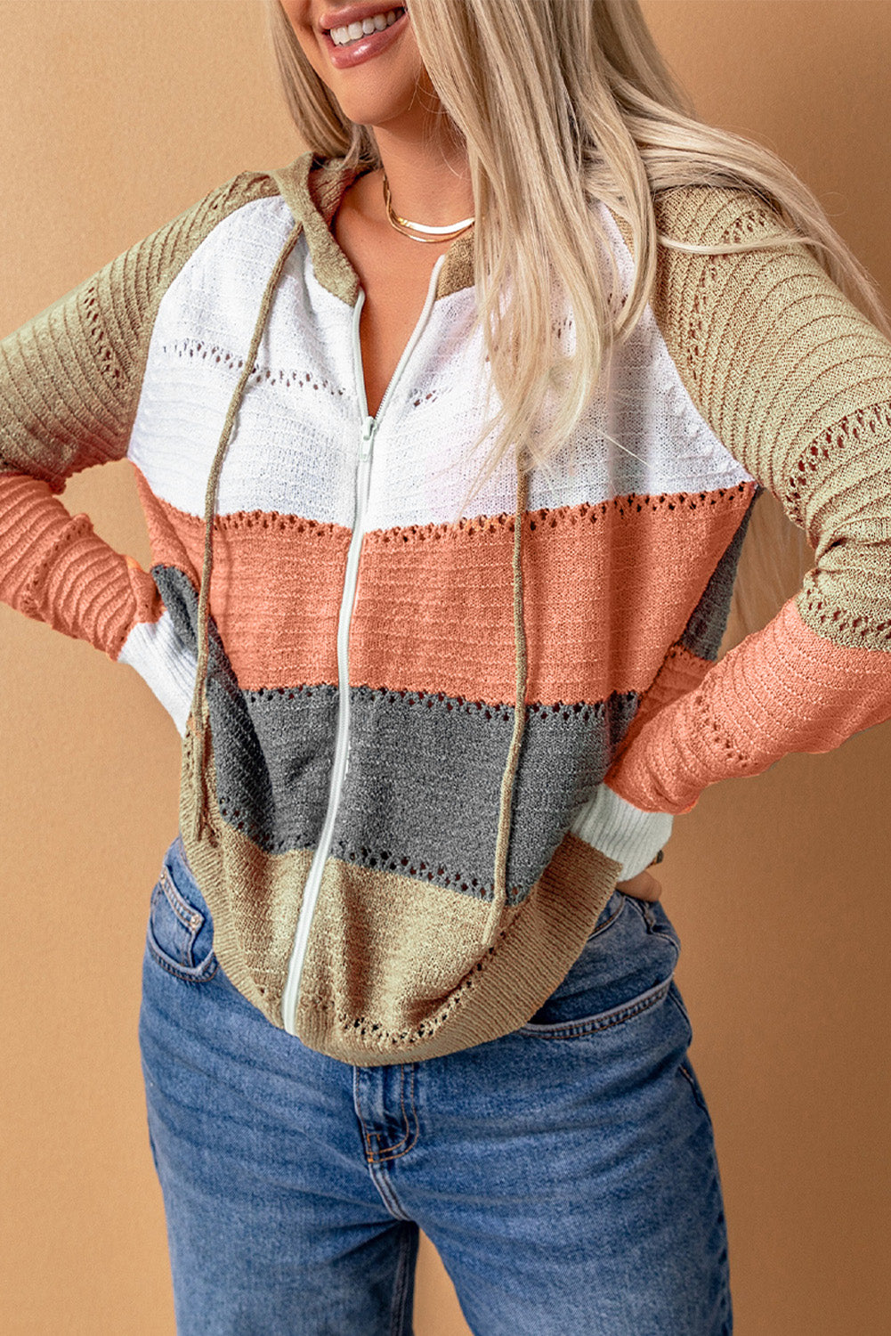 MultiColour Zipped Front Colourblock Hollow-out Knit Hoodie eAura