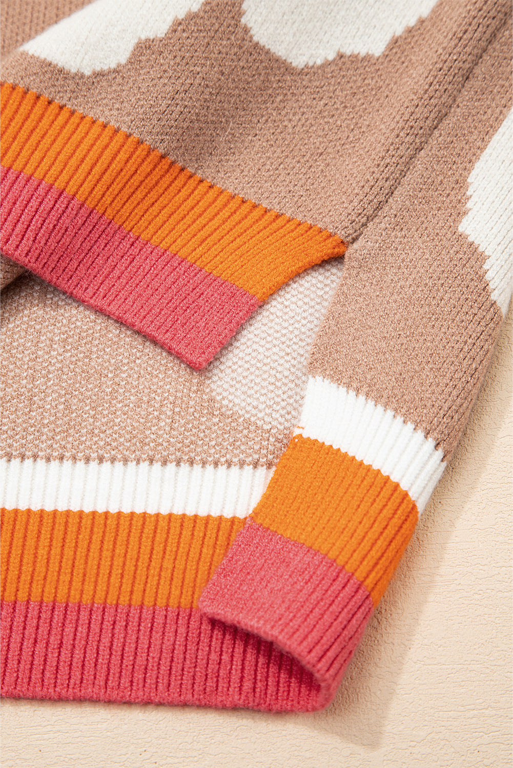 Big Flower Pattern Contrast Striped Baggy Sweater - eAura