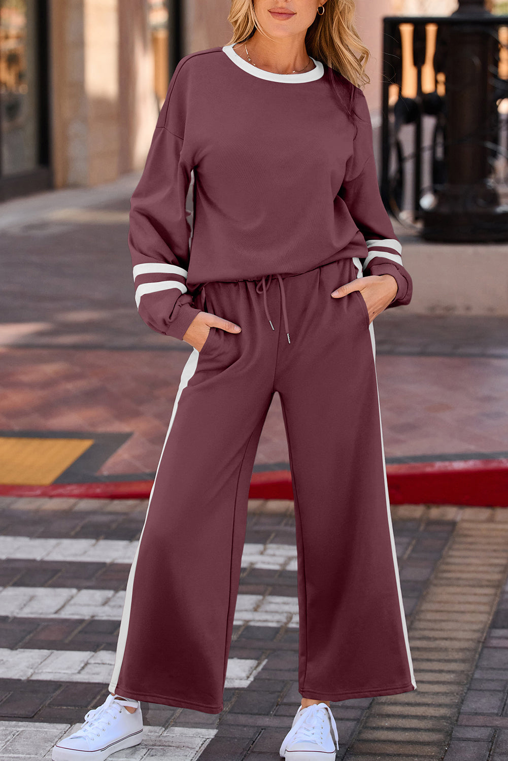 Varsity Striped Puff Sleeve Pullover & Drawstring Wide Leg Trouser Co-ord Set - eAura