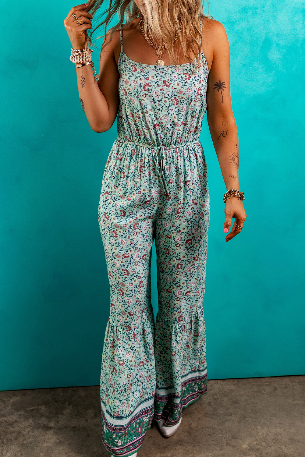 Bohemian Floral Ruffle Bottom Spaghetti Strap Jumpsuit eAura