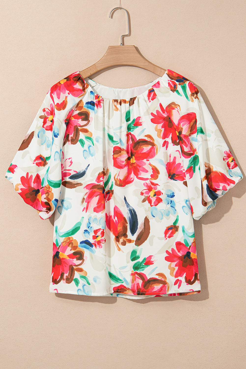 White Floral Print Puffy Half Sleeve Blouse eAura
