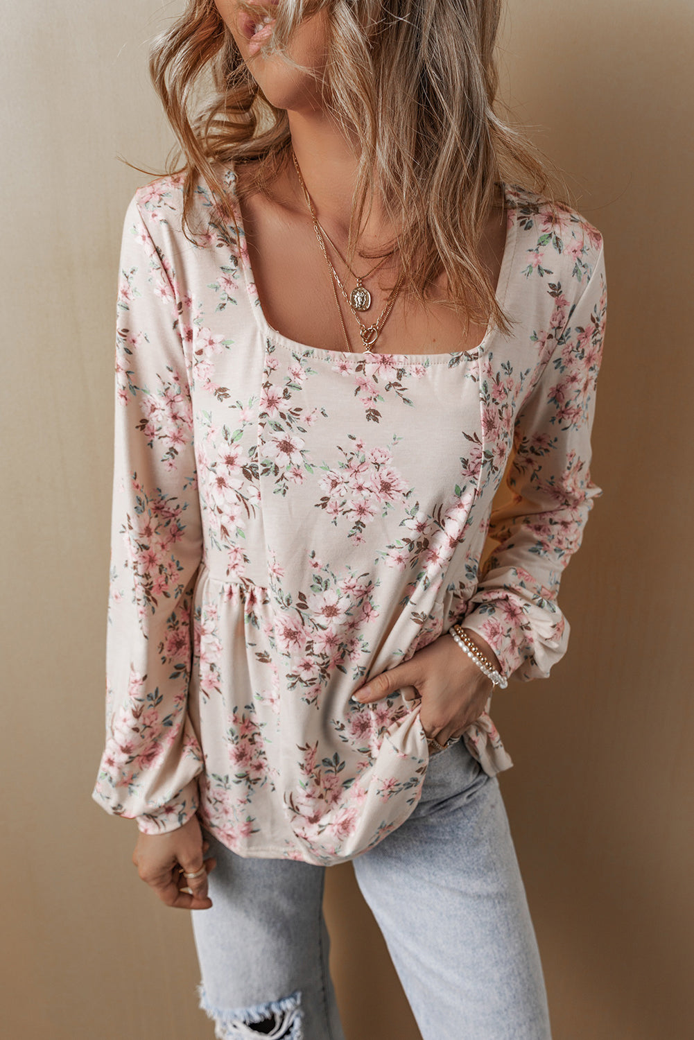 Pink Floral Print Pleated U Neck Loose Fit Blouse eAura